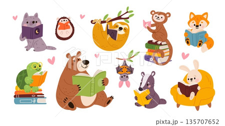 Funny animals read books. Cute fauna characters holding open books and studying, bear, sloth, turtle, literature lovers, education and knowledge mascot garish vector cartoon isolated set 135707652