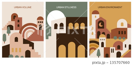 Geometric architecture cards. Boho style urban compositions, minimal design covers, city buildings elements, houses with stairs, arches, bohemian minimalistic posters, garish vector set 135707660