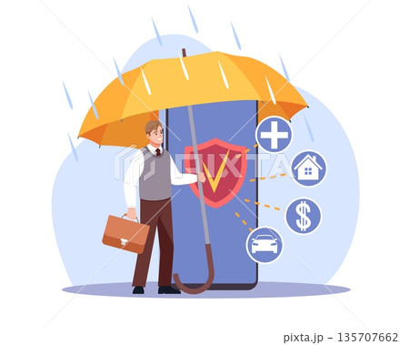 Insurance services. Protecting client using smartphone, antivirus programs and applications, mobile device with shield and icons for health, home, car and money, vector cartoon concept Insurance services. Protecting client using smartphone, antivirus programs and applications, mobile device with shield and icons for health, home, car and money, vector cartoon concept 135707662