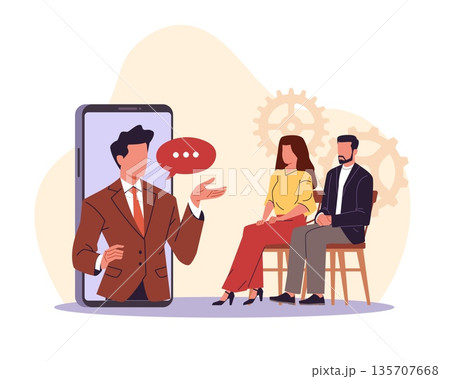 Online therapy. Virtual mental counseling, psychological conversation with married couple via smartphone, remote communication, video call therapy for family vector cartoon isolated concept Online therapy. Virtual mental counseling, psychological conversation with married couple via smartphone, remote communication, video call therapy for family vector cartoon isolated concept 135707668
