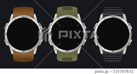 realistic vector smartwatches round with silver metal case and straps collection of modern wearable devices graphic design elements and mockups realistic vector smartwatches round with silver metal case and straps collection of modern wearable devices graphic design elements and mockups 135707672