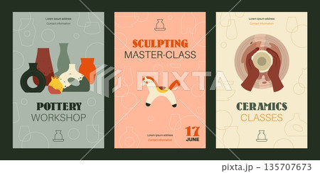 Pottery master classes. Clay sculpting training, creation of dishes, toys and vases, ceramics workshop, invitations and greeting design for classes, tidy vector cartoon isolated concept Pottery master classes. Clay sculpting training, creation of dishes, toys and vases, ceramics workshop, invitations and greeting design for classes, tidy vector cartoon isolated concept 135707673