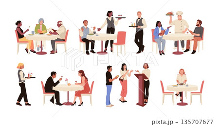 Restaurant visitors characters. Catering table service, waiters at tables with menu, chef, manager, people ordering dinner, communicate and eat delicious food, tidy vector cartoon set 135707677