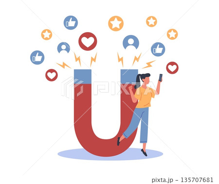 Social network profile. Internet popularity, girl attracts likes, followers and reactions with big magnet, likes, hearts and icons, audience attraction, content promotion vector concept Social network profile. Internet popularity, girl attracts likes, followers and reactions with big magnet, likes, hearts and icons, audience attraction, content promotion vector concept 135707681