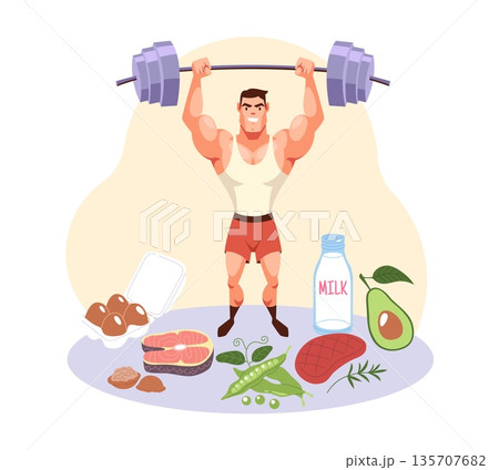 Sports nutrition. Diet to improve athletic performance, strongman with barbell, strength training and nutrition for success, muscle and power growth, vector cartoon isolated concept 135707682