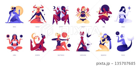 Women zodiac signs. Beautiful female characters, horoscope symbols, sexy girls in bikinis, feminine scorpio, aries, astrology figures with celestial symbols tidy vector isolated set 135707685