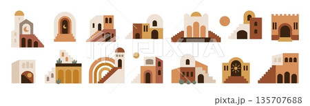 Architecture bohemian elements. Contemporary building shapes, geometric boho minimal compositions, decorative flat city icons, arched and domed geometry houses garish vector isolated set Architecture bohemian elements. Contemporary building shapes, geometric boho minimal compositions, decorative flat city icons, arched and domed geometry houses garish vector isolated set 135707688