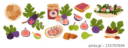 Cartoon figs. Sweet desserts, salad and sandwiches, dried fruits and jam on toast, branches with leaves, green and purple varieties whole and slice, healthy food ingredients garish vector set 135707694