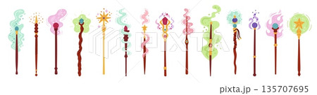 Cartoon magic wands with effects. Different wooden wizard sticks with decor, colored smoke, sparks, stars and particles, wizard fantasy tool with crystals, garish vector isolated set Cartoon magic wands with effects. Different wooden wizard sticks with decor, colored smoke, sparks, stars and particles, wizard fantasy tool with crystals, garish vector isolated set 135707695