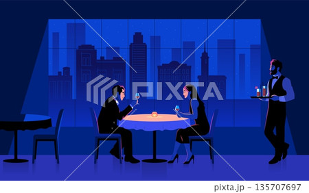 Couple in restaurant. Romantic evening, anniversary celebration or first date, man and woman drink wine at set table in night, waiter carrying drinks tidy vector cartoon isolated concept Couple in restaurant. Romantic evening, anniversary celebration or first date, man and woman drink wine at set table in night, waiter carrying drinks tidy vector cartoon isolated concept 135707697