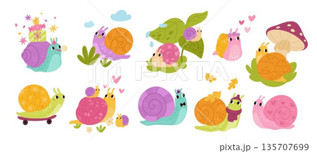 Cute funny snails. Cartoon animal characters, clams, slugs with shells, kids and adults on mushroom, color spring mascots, different actions, stickers collection, garish vector doodle set 135707699