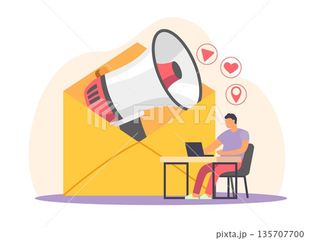 Electronic newsletter, marketing. Simultaneous multi dispatch, guy working behind laptop, digital communication management, social media audience advertising vector cartoon isolated concept 135707700