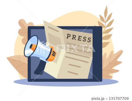 Media press release. Newspaper publishing, periodical print edition on laptop screen, loudspeaker and document on tablet screen, public digital announcements vector cartoon isolated concept 135707709