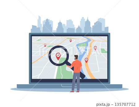 Navigation system. Geolocation software, man is looking for geo tag on city map, geolocation search on laptop screen with magnifier and pins, city navigation vector cartoon isolated concept 135707712