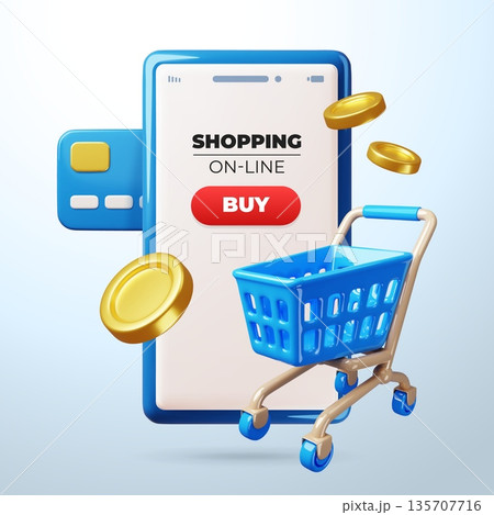 Online cartoon 3d grocery basket. Mobile shopping app, plastic blue supermarket cart, smartphone render isolated element, flying gold coins, bank card digital payment classy vector concept 135707716