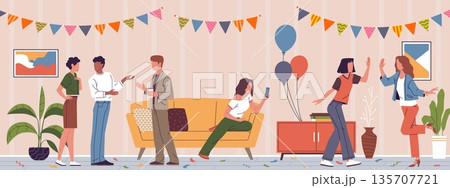 People socialize at party. Extraverts, introvert with smartphone, outward and inward orientation, character traits, social interaction, nowaday vector cartoon flat style concept 135707721