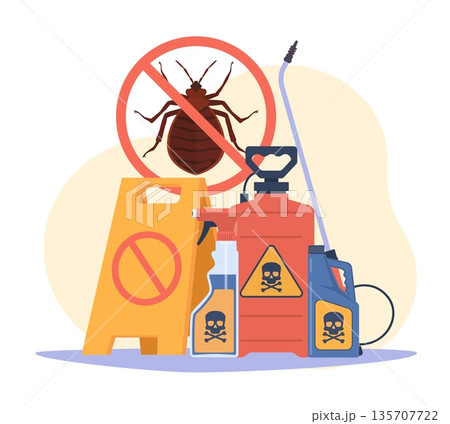 Pest control. Chemicals that kill domestic insects and parasites, extermination with sprayers, chemical containers, caution sign, professional disinfection cartoon isolated vector concept Pest control. Chemicals that kill domestic insects and parasites, extermination with sprayers, chemical containers, caution sign, professional disinfection cartoon isolated vector concept 135707722