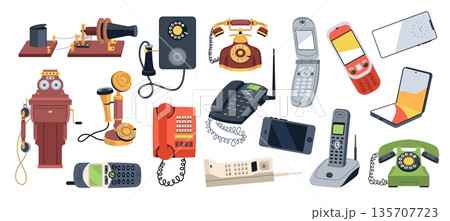 Phones evolution. From vintage models with handsets, discs to modern smartphones, different designs devices for long distance conversations, technology progression tidy vector cartoon set 135707723