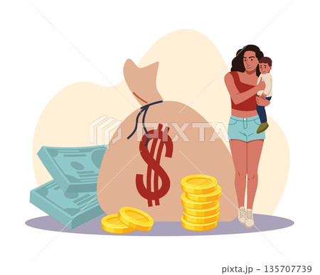 Social benefits. Life insurance, risk assurance, single mother with child in her arms, family finance, household budget and savings, children support cartoon flat isolated vector concept 135707739