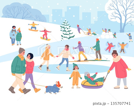 Winter walks in park. Snowy outdoor activities, happy people with kids and pets skate, sledge, and snowboard, leisure and seasonal fun cartoon flat style isolated classy vector background 135707741