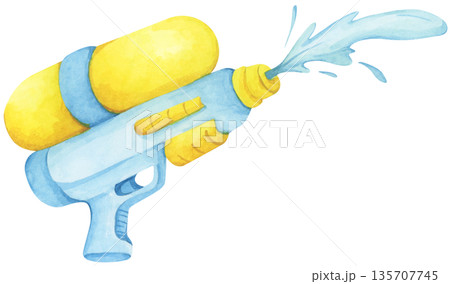 Colorful water gun toy set, Songkran festival, watercolor illustration, Thailand summer vibes, plastic spray gun shoot water, splashing wet fun, joy happy culture. 135707745