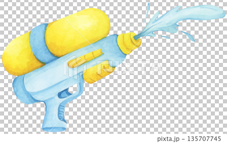 Colorful water gun toy set, Songkran festival, watercolor illustration, Thailand summer vibes, plastic spray gun shoot water, splashing wet fun, joy happy culture. 135707745