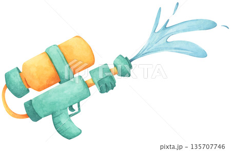 Colorful water gun toy set, Songkran festival, watercolor illustration, Thailand summer vibes, plastic spray gun shoot water, splashing wet fun, joy happy culture. Colorful water gun toy set, Songkran festival, watercolor illustration, Thailand summer vibes, plastic spray gun shoot water, splashing wet fun, joy happy culture. 135707746