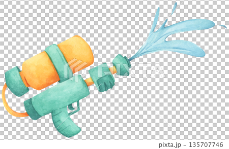 Colorful water gun toy set, Songkran festival, watercolor illustration, Thailand summer vibes, plastic spray gun shoot water, splashing wet fun, joy happy culture. Colorful water gun toy set, Songkran festival, watercolor illustration, Thailand summer vibes, plastic spray gun shoot water, splashing wet fun, joy happy culture. 135707746