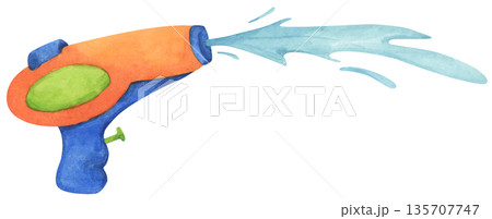 Colorful water gun toy set, Songkran festival, watercolor illustration, Thailand summer vibes, plastic spray gun shoot water, splashing wet fun, joy happy culture. Colorful water gun toy set, Songkran festival, watercolor illustration, Thailand summer vibes, plastic spray gun shoot water, splashing wet fun, joy happy culture. 135707747