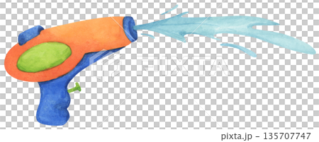 Colorful water gun toy set, Songkran festival, watercolor illustration, Thailand summer vibes, plastic spray gun shoot water, splashing wet fun, joy happy culture. Colorful water gun toy set, Songkran festival, watercolor illustration, Thailand summer vibes, plastic spray gun shoot water, splashing wet fun, joy happy culture. 135707747