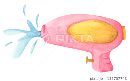 Colorful water gun toy set, Songkran festival, watercolor illustration, Thailand summer vibes, plastic spray gun shoot water, splashing wet fun, joy happy culture. Colorful water gun toy set, Songkran festival, watercolor illustration, Thailand summer vibes, plastic spray gun shoot water, splashing wet fun, joy happy culture. 135707748