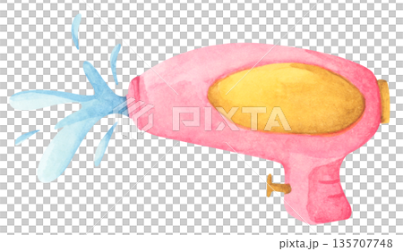 Colorful water gun toy set, Songkran festival, watercolor illustration, Thailand summer vibes, plastic spray gun shoot water, splashing wet fun, joy happy culture. Colorful water gun toy set, Songkran festival, watercolor illustration, Thailand summer vibes, plastic spray gun shoot water, splashing wet fun, joy happy culture. 135707748