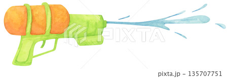 Colorful water gun toy set, Songkran festival, watercolor illustration, Thailand summer vibes, plastic spray gun shoot water, splashing wet fun, joy happy culture. 135707751