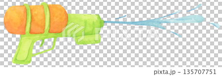 Colorful water gun toy set, Songkran festival, watercolor illustration, Thailand summer vibes, plastic spray gun shoot water, splashing wet fun, joy happy culture. 135707751