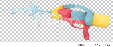Colorful water gun toy set, Songkran festival, watercolor illustration, Thailand summer vibes, plastic spray gun shoot water, splashing wet fun, joy happy culture. Colorful water gun toy set, Songkran festival, watercolor illustration, Thailand summer vibes, plastic spray gun shoot water, splashing wet fun, joy happy culture. 135707753