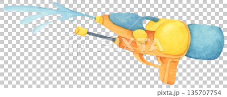 Colorful water gun toy set, Songkran festival, watercolor illustration, Thailand summer vibes, plastic spray gun shoot water, splashing wet fun, joy happy culture. Colorful water gun toy set, Songkran festival, watercolor illustration, Thailand summer vibes, plastic spray gun shoot water, splashing wet fun, joy happy culture. 135707754