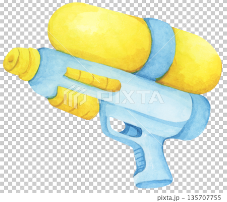 Colorful water gun toy set, Songkran festival, watercolor illustration, Thailand summer vibes, plastic spray gun shoot water, splashing wet fun, joy happy culture. 135707755