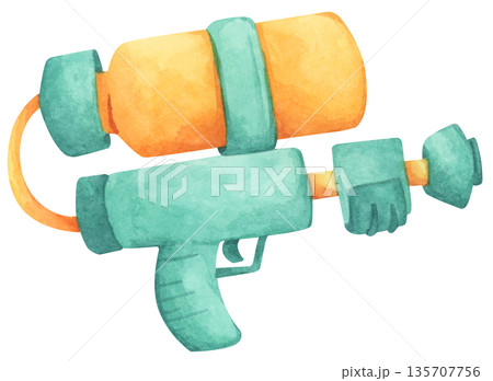 Colorful water gun toy set, Songkran festival, watercolor illustration, Thailand summer vibes, plastic spray gun shoot water, splashing wet fun, joy happy culture. Colorful water gun toy set, Songkran festival, watercolor illustration, Thailand summer vibes, plastic spray gun shoot water, splashing wet fun, joy happy culture. 135707756