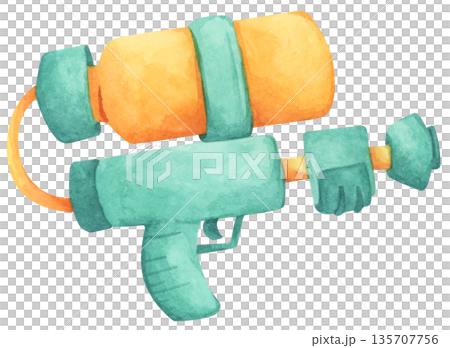 Colorful water gun toy set, Songkran festival, watercolor illustration, Thailand summer vibes, plastic spray gun shoot water, splashing wet fun, joy happy culture. Colorful water gun toy set, Songkran festival, watercolor illustration, Thailand summer vibes, plastic spray gun shoot water, splashing wet fun, joy happy culture. 135707756