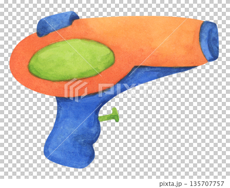 Colorful water gun toy set, Songkran festival, watercolor illustration, Thailand summer vibes, plastic spray gun shoot water, splashing wet fun, joy happy culture. 135707757