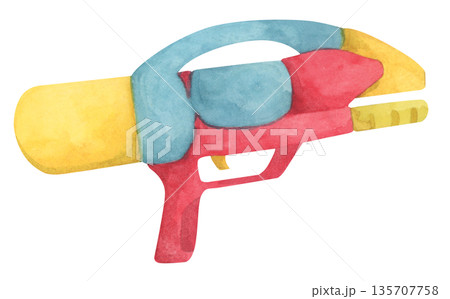 Colorful water gun toy set, Songkran festival, watercolor illustration, Thailand summer vibes, plastic spray gun shoot water, splashing wet fun, joy happy culture. 135707758