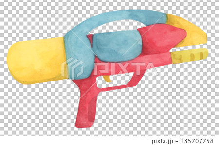 Colorful water gun toy set, Songkran festival, watercolor illustration, Thailand summer vibes, plastic spray gun shoot water, splashing wet fun, joy happy culture. 135707758