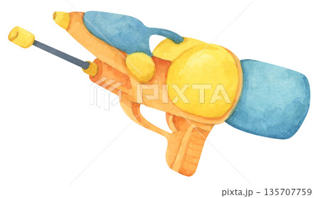 Colorful water gun toy set, Songkran festival, watercolor illustration, Thailand summer vibes, plastic spray gun shoot water, splashing wet fun, joy happy culture. Colorful water gun toy set, Songkran festival, watercolor illustration, Thailand summer vibes, plastic spray gun shoot water, splashing wet fun, joy happy culture. 135707759