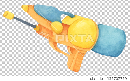 Colorful water gun toy set, Songkran festival, watercolor illustration, Thailand summer vibes, plastic spray gun shoot water, splashing wet fun, joy happy culture. 135707759