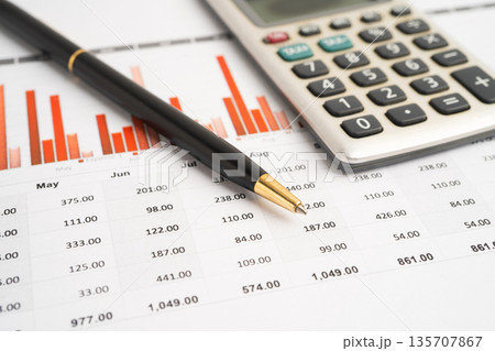 Pencil and calculator on chart or graph paper. Financial, account, statistics and business data. 135707867