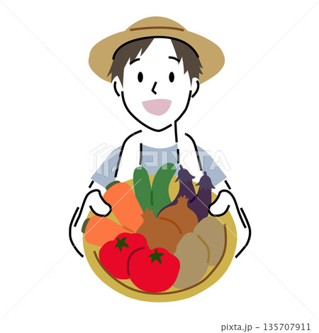 シンプルなタッチの野菜を持った男性 135707911