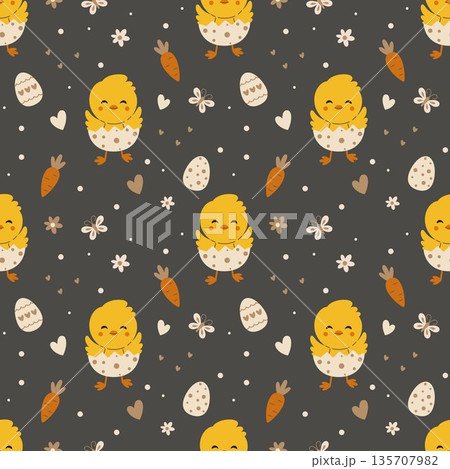 Cute Easter chick seamless pattern with smiling baby chickens in eggs, carrots, hearts and flowers, playful spring holiday background for wrapping paper, fabric, textile, wallpaper and festive design 135707982