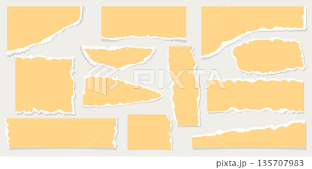 Torn paper pieces set with rough ripped edges, realistic collage elements for scrapbooking, notes, posters and creative layouts, hand torn paper textures in soft pastel colors isolated on background 135707983