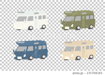 くすみカラーのキャンピングカーのイラストセット くすみカラーのキャンピングカーのイラストセット 135708165