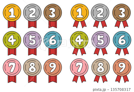 かわいいメダルと手描き風の番号のランキング素材セット 135708317